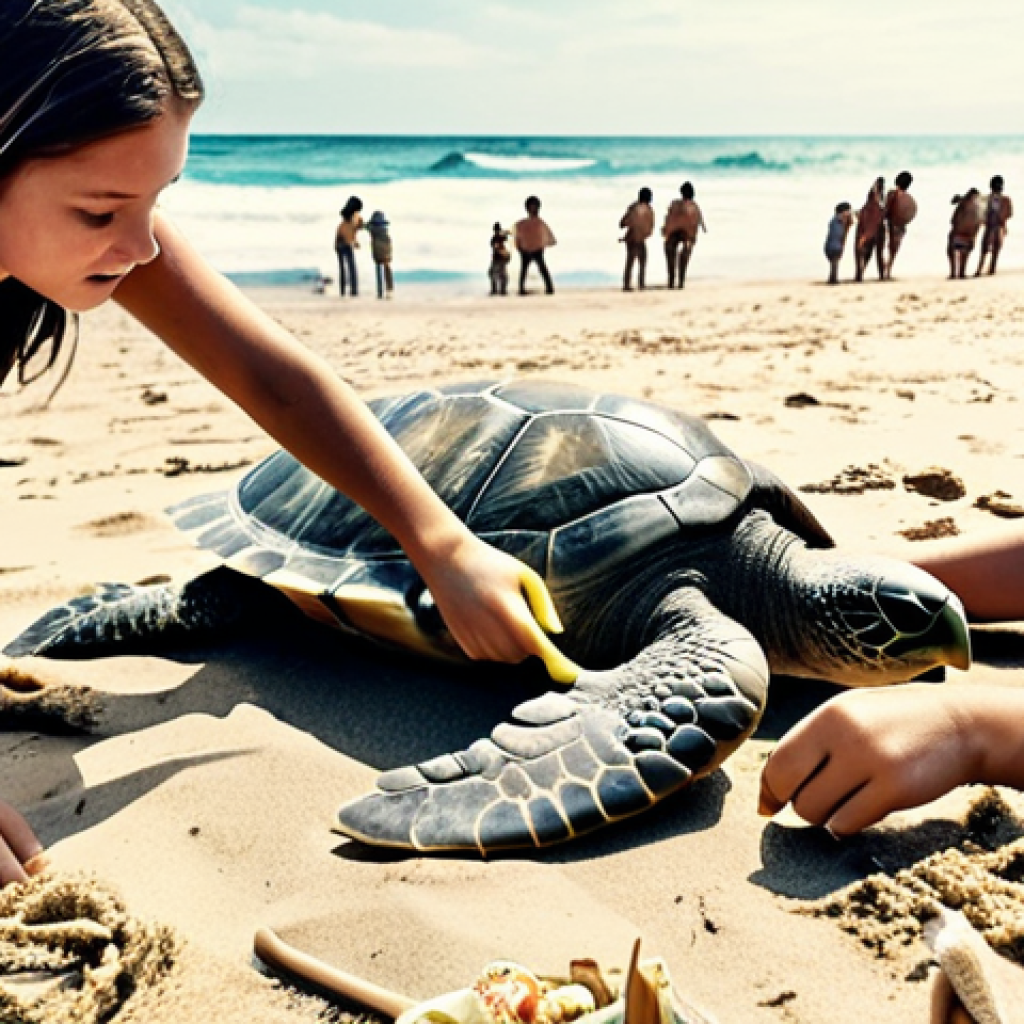 **

A heartwarming scene of young people participating in a beach cleanup, rescuing a sea turtle entangled in plastic. Focus on the genuine emotion and connection with nature. Soft, natural lighting with a touch of Instagram filter aesthetic.

**