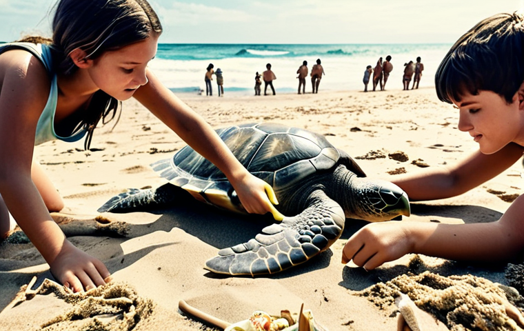 **
A heartwarming scene of young people participating in a beach cleanup, rescuing a sea turtle entangled in plastic. Focus on the genuine emotion and connection with nature. Soft, natural lighting with a touch of Instagram filter aesthetic.
**