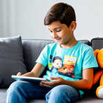 A young Alpha generation child, approximately 10 years old, fully clothed in a modest, colorful t-shirt and jeans, sitting comfortably on a modern sofa in a well-lit living room. The child is holding a tablet, captivated by a vibrant short-form video featuring a popular content creator. A character plush toy is visible nearby, hinting at consumer preferences. The scene is well-composed, with perfect anatomy, correct proportions, natural pose, well-formed hands, and proper finger count. Professional studio lighting, high resolution, soft ambient light. safe for work, appropriate content, family-friendly, appropriate attire.