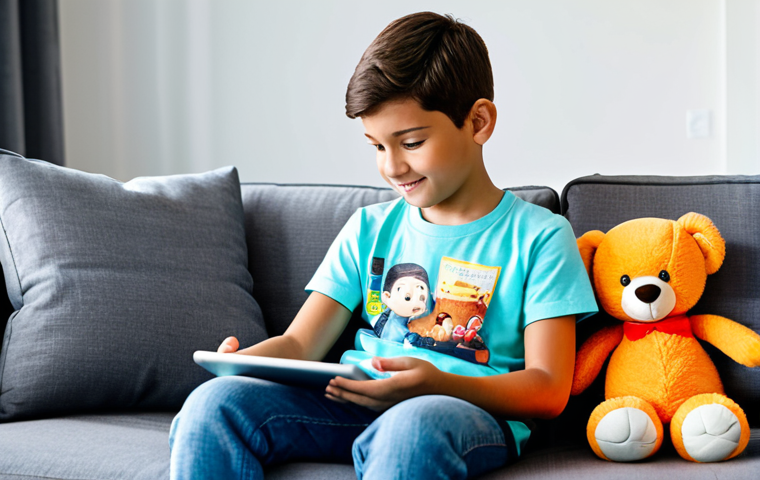 A young Alpha generation child, approximately 10 years old, fully clothed in a modest, colorful t-shirt and jeans, sitting comfortably on a modern sofa in a well-lit living room. The child is holding a tablet, captivated by a vibrant short-form video featuring a popular content creator. A character plush toy is visible nearby, hinting at consumer preferences. The scene is well-composed, with perfect anatomy, correct proportions, natural pose, well-formed hands, and proper finger count. Professional studio lighting, high resolution, soft ambient light. safe for work, appropriate content, family-friendly, appropriate attire.